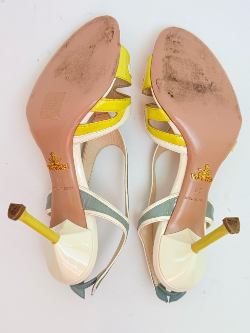 Prada 2012 Hot Rod Flame Patent Cutout Slingback Heels 38 Ivory Yellow Sage - Picture 9 of 13